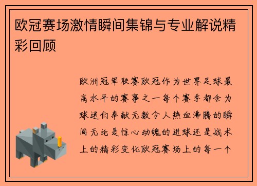 欧冠赛场激情瞬间集锦与专业解说精彩回顾
