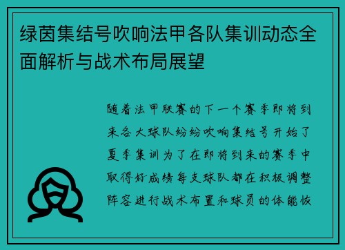 绿茵集结号吹响法甲各队集训动态全面解析与战术布局展望